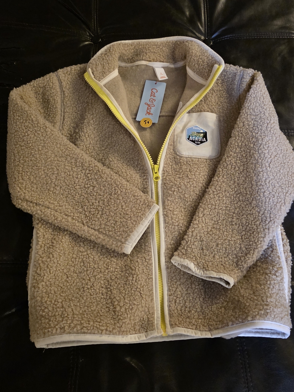 Cat & Jack Kids' Cream Sherpa Zip-Up Jacket with Yellow Trim